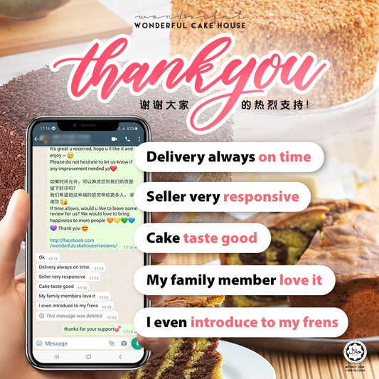 Delivery always on time. Seller very responsive Cake taste good My family members love it I even introduce to my frens