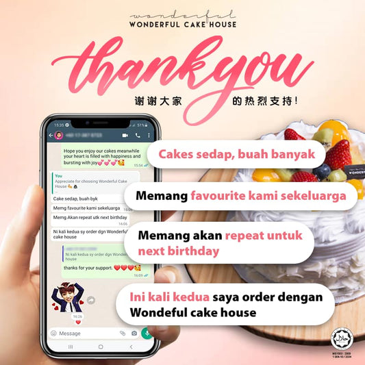 ======🥰Mix Fruit Cake🍓真实顾客回馈🥰====== Cake sedap, buah banyank Memang favourite kami sekeluarga Memang akan repeat untuk next birthday Ini kali kedua saya order dengan Wonderful Cake House. ======🥰Mix Fruit Cake🍓真实顾客回馈🥰====== Terima kasih banyak atas
